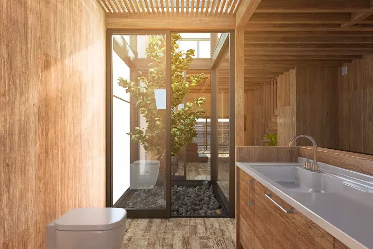 modernes Badezimmer mit Holz- und Naturelementen