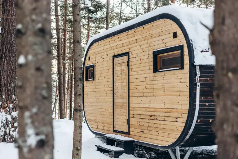Tiny House in verschneitem Wald