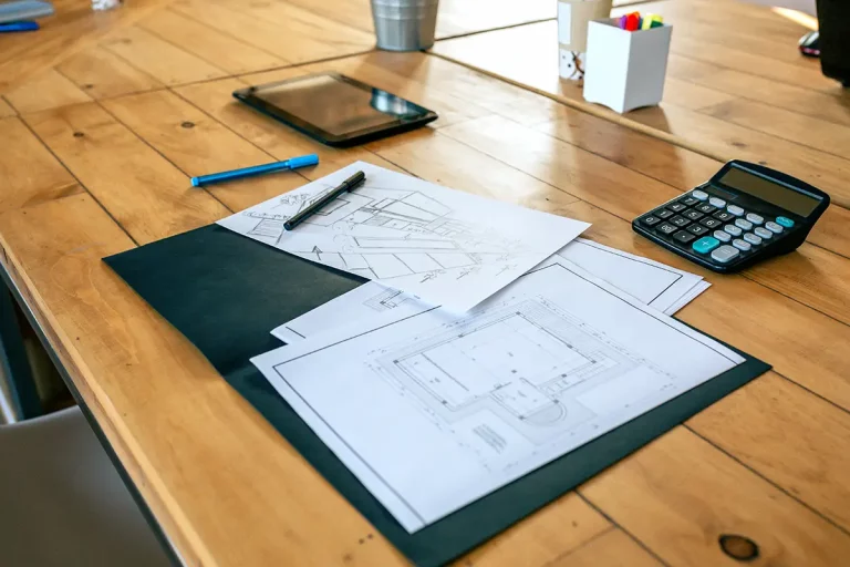 Arbeitsplatz eines Architekten mit Bauplänen und Skizzen