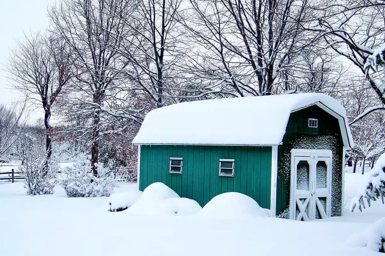 Schneebedeckter Garten mit Gartenhaus