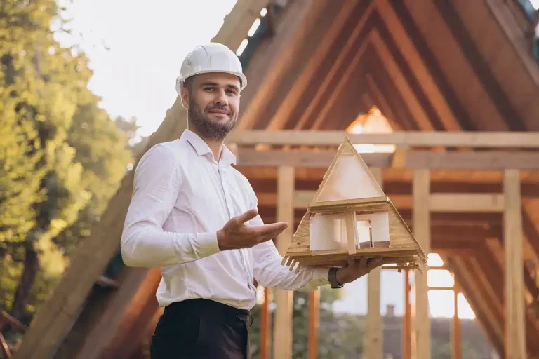Architekt mit Schutzhelm hält Modell eines Holzhauses vor Rohbau in Dreiecksform.
