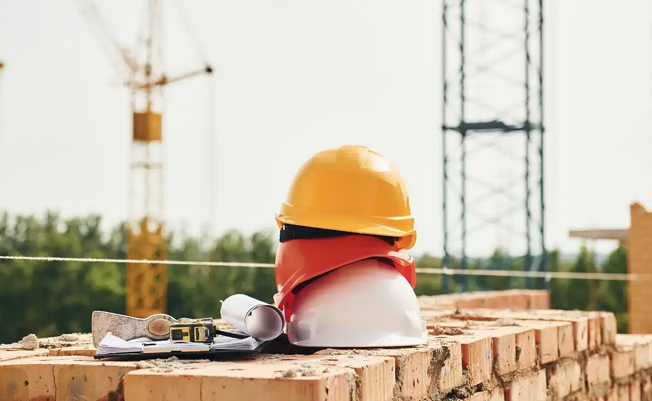 Schutzhelme, Baupläne und Maßband auf Ziegelmauer mit Baukränen im Hintergrund.